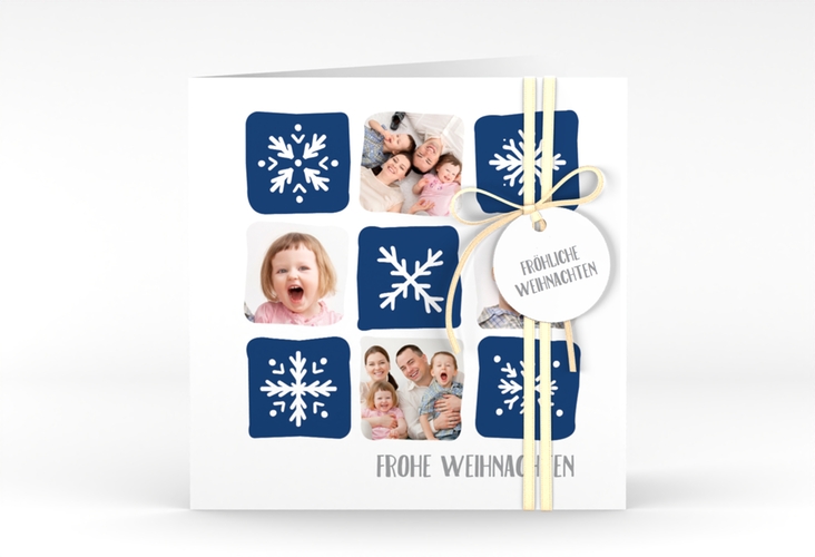 Weihnachtskarte Snowflakes quadr. Klappkarte blau hochglanz