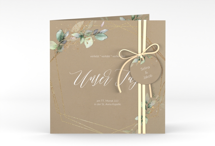 Hochzeitseinladung Greenish quadr. Klappkarte Kraftpapier hochglanz