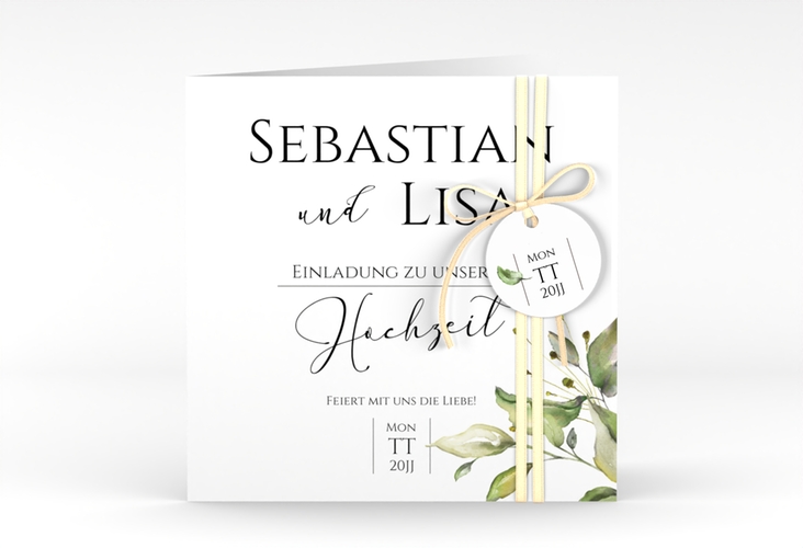 Hochzeitseinladung Leaves quadr. Klappkarte weiss hochglanz