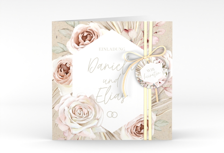 Hochzeitseinladung Bohorose quadr. Klappkarte Kraftpapier