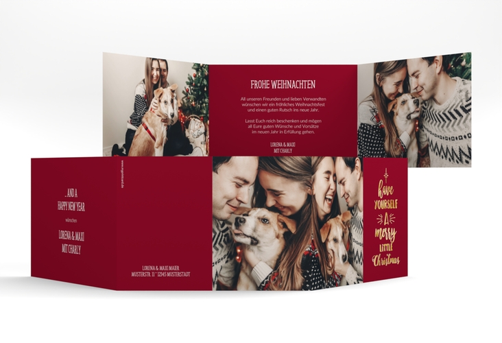 Weihnachtskarte Winterfreuden A6 Doppel-Klappkarte rot gold