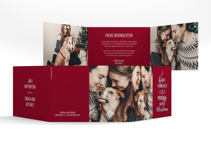 Weihnachtskarte Winterfreuden A6 Doppel-Klappkarte rot silber