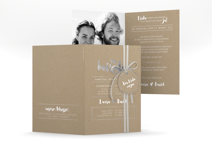 Einladungskarte Hochzeit Letterbox A6 Klappkarte hoch Kraftpapier silber