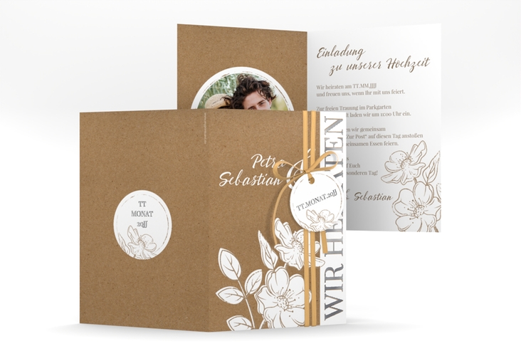Einladungskarte Hochzeit Windflower A6 Klappkarte hoch Kraftpapier silber mit Wildrosen
