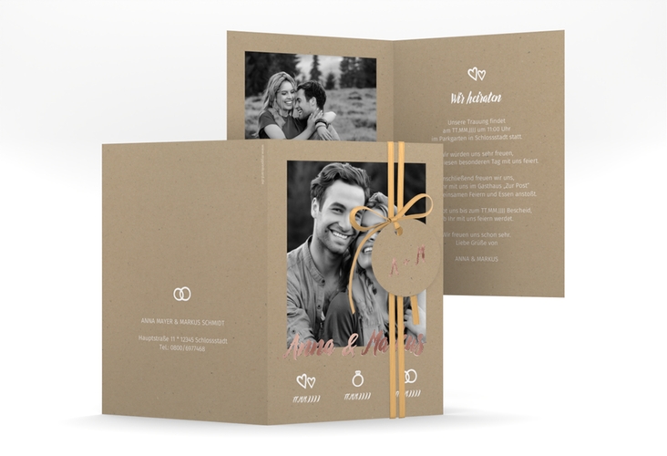 Einladungskarte Hochzeit Icons A6 Klappkarte hoch Kraftpapier rosegold im Kraftpapier-Look mit Foto