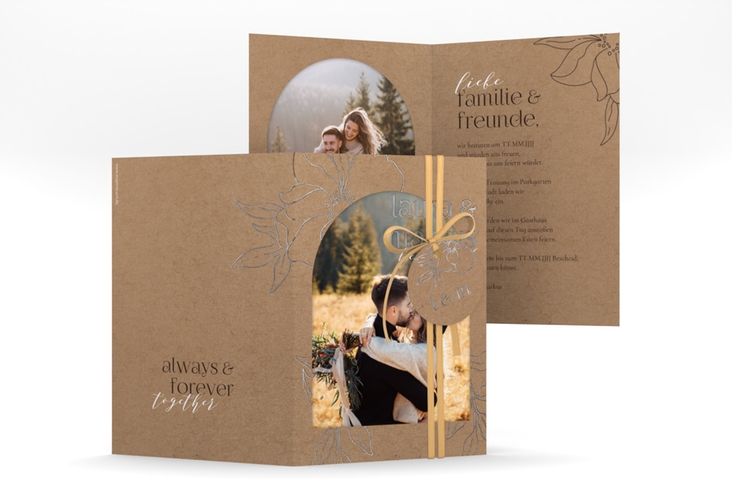Hochzeitseinladung Alpenblume A6 Klappkarte hoch Kraftpapier silber
