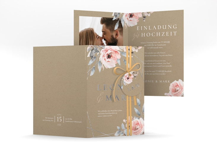 Einladungskarte Hochzeit Perfection A6 Klappkarte hoch Kraftpapier silber mit rosa Rosen