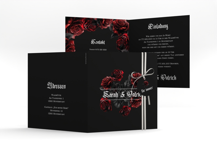 Hochzeitseinladung Gothic Rose quadr. Klappkarte schwarz hochglanz