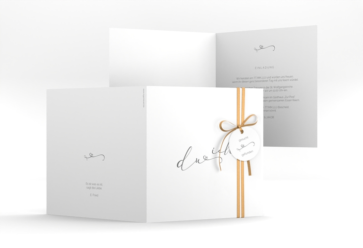 Hochzeitseinladung Zweisamkeit quadr. Klappkarte weiss hochglanz im minimalistischen Stil mit Aufschrift du & ich