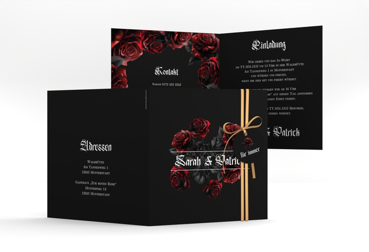 Hochzeitseinladung Gothic Rose quadr. Klappkarte schwarz hochglanz