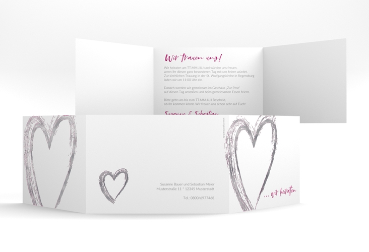 Hochzeitseinladung Liebe A6 Doppel-Klappkarte pink silber
