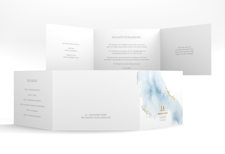 Hochzeitseinladung Pastell A6 Doppel-Klappkarte blau gold