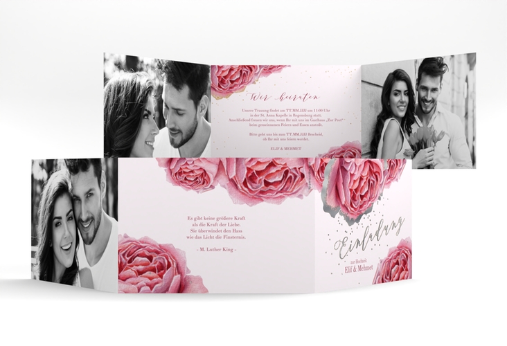 Hochzeitseinladung Cherie A6 Doppel-Klappkarte rosa silber