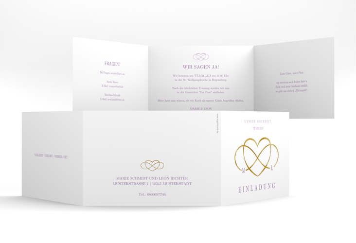 Hochzeitseinladung Infinity A6 Doppel-Klappkarte lila gold