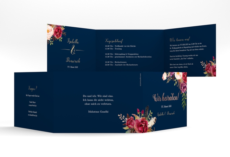 Hochzeitseinladung Flowers A6 Doppel-Klappkarte blau rosegold mit bunten Aquarell-Blumen