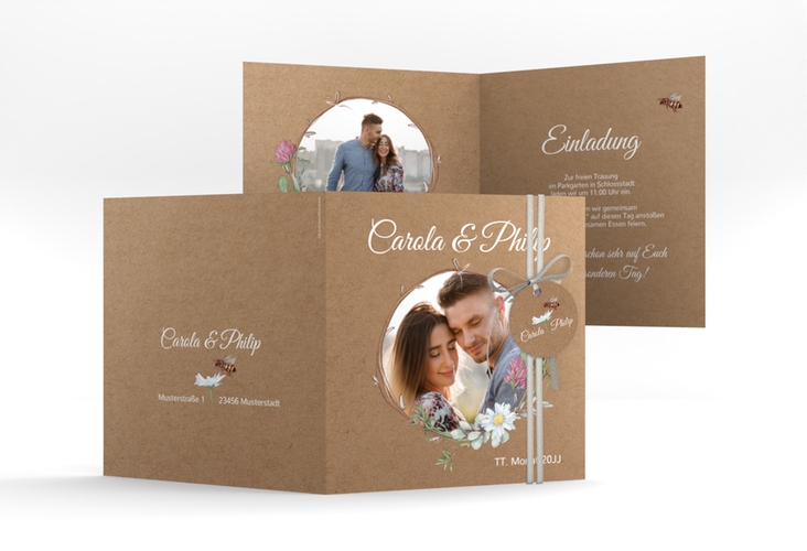 Hochzeitseinladung Honey quadr. Klappkarte Kraftpapier mit Wiesenblumen und Biene