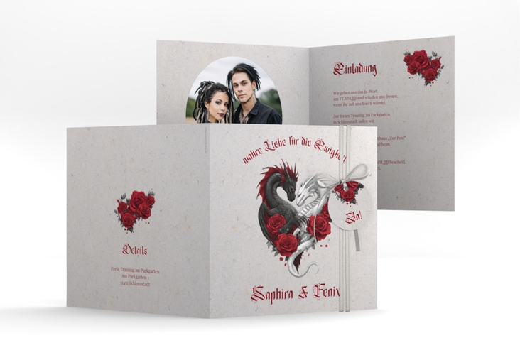 Hochzeitseinladung Drachenliebe quadr. Klappkarte grau