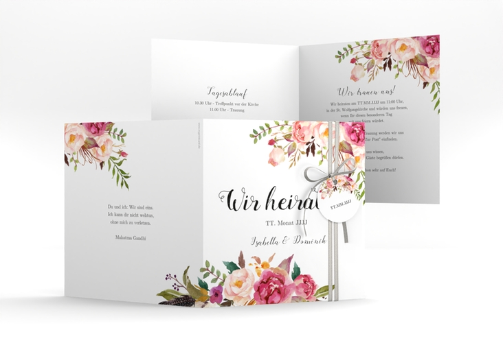 Hochzeitseinladung Flowers quadr. Klappkarte weiss hochglanz mit bunten Aquarell-Blumen