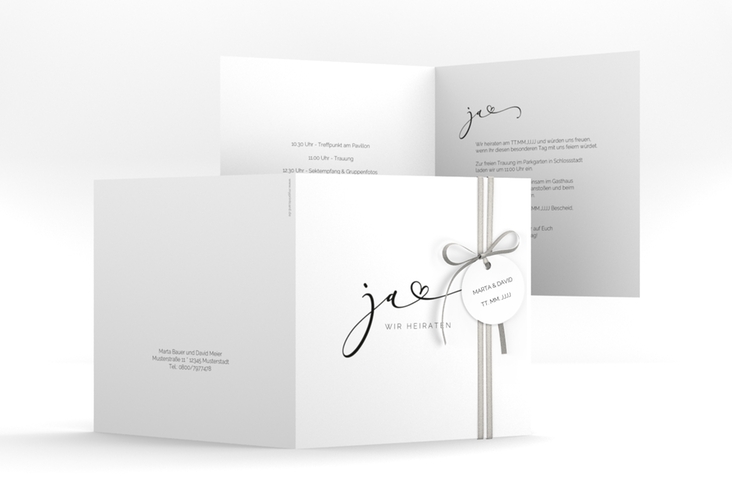 Hochzeitseinladung Jawort quadr. Klappkarte weiss modern minimalistisch mit veredelter Aufschrift