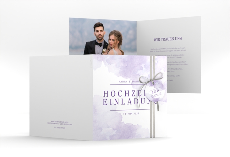 Hochzeitseinladung Blush quadr. Klappkarte lila