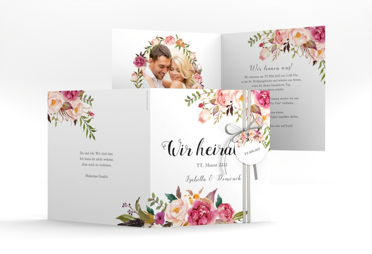 Hochzeitseinladung Flowers quadr. Klappkarte weiss mit bunten Aquarell-Blumen