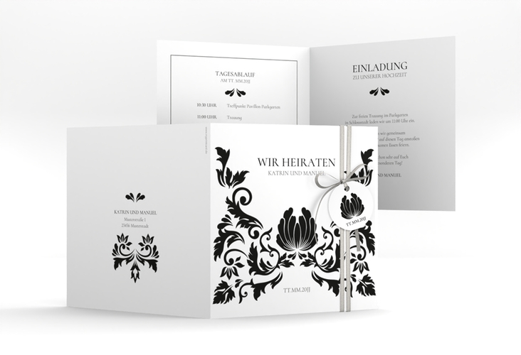 Hochzeitseinladung Royal quadr. Klappkarte weiss hochglanz mit barockem Blumen-Ornament