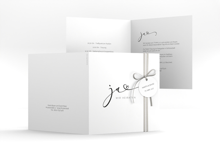 Hochzeitseinladung Jawort quadr. Klappkarte weiss hochglanz modern minimalistisch mit veredelter Aufschrift