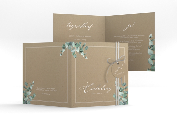 Hochzeitseinladung Eucalypt quadr. Klappkarte Kraftpapier mit Eukalyptus und edlem Rahmen