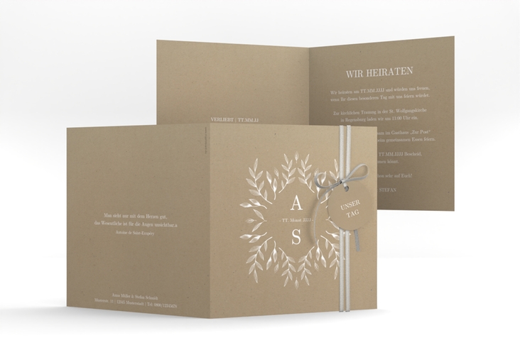 Hochzeitseinladung Blattwerk quadr. Klappkarte Kraftpapier