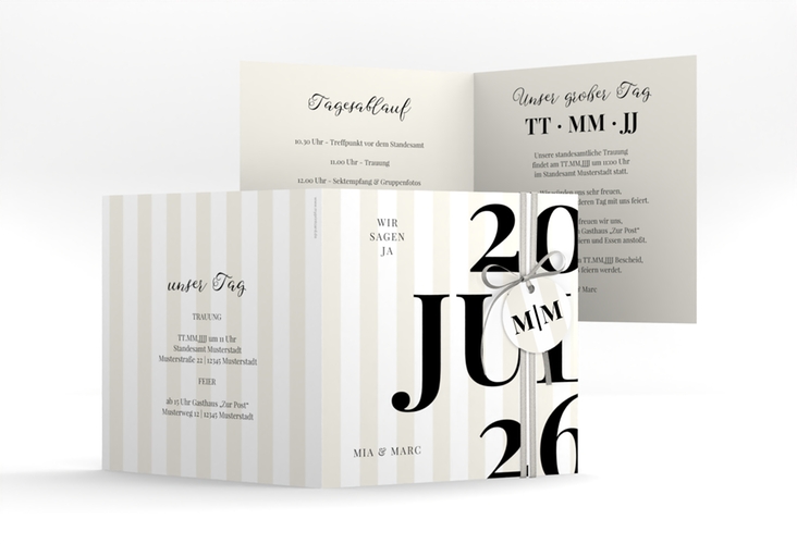 Hochzeitseinladung Streifen quadr. Klappkarte beige