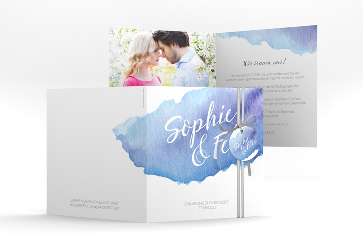 Hochzeitseinladung "Aquarella" quadratische Klappkarte blau