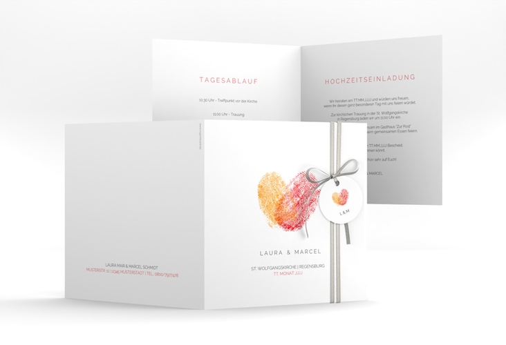 Hochzeitseinladung Fingerprint quadr. Klappkarte rot schlicht mit Fingerabdruck-Motiv
