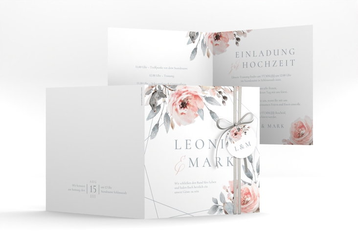 Hochzeitseinladung Perfection quadr. Klappkarte weiss hochglanz mit rosa Rosen
