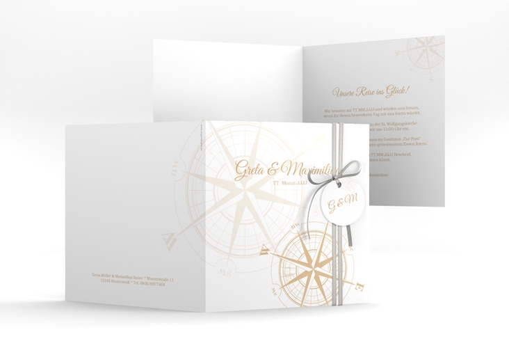 Hochzeitseinladung Windrose quadr. Klappkarte beige