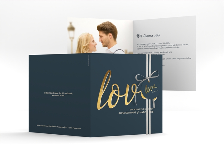 Hochzeitseinladung Glam quadr. Klappkarte blau hochglanz