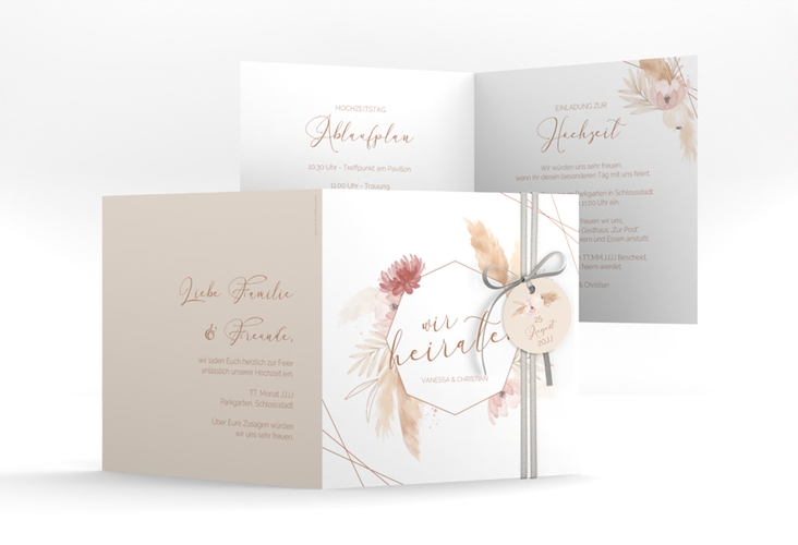 Hochzeitseinladung Bohostyle quadr. Klappkarte beige hochglanz mit Pampasgras in Aquarell