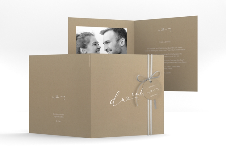 Hochzeitseinladung Zweisamkeit quadr. Klappkarte Kraftpapier im minimalistischen Stil mit Aufschrift du & ich
