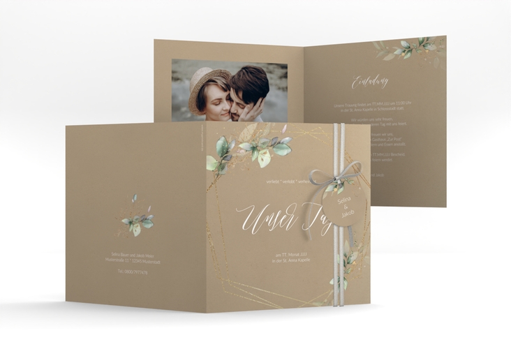 Hochzeitseinladung Greenish quadr. Klappkarte Kraftpapier hochglanz