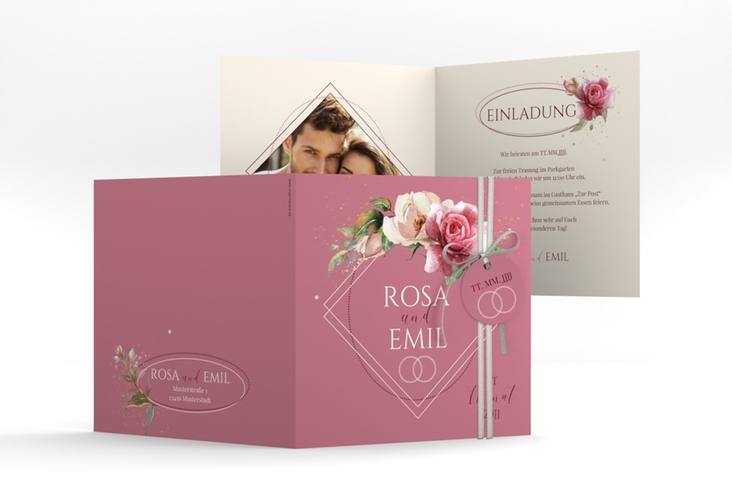 Hochzeitseinladung Rosenbogen quadr. Klappkarte