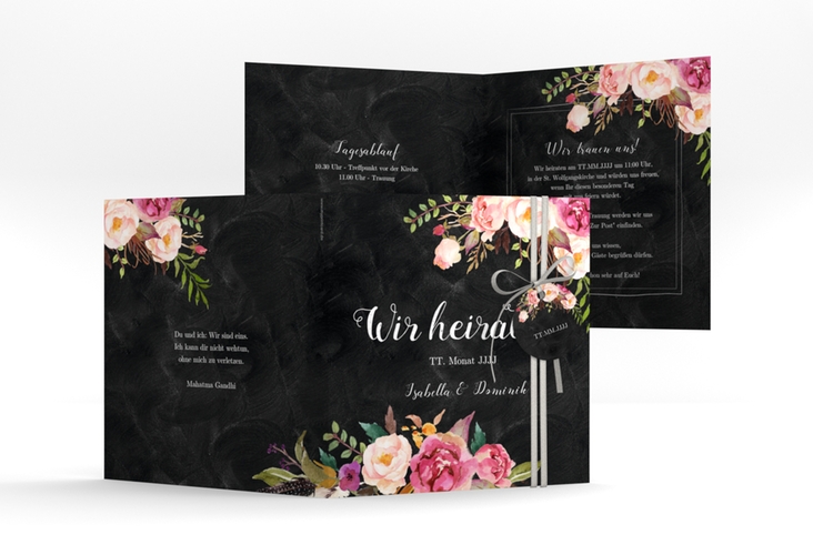 Hochzeitseinladung Flowers quadr. Klappkarte schwarz hochglanz mit bunten Aquarell-Blumen