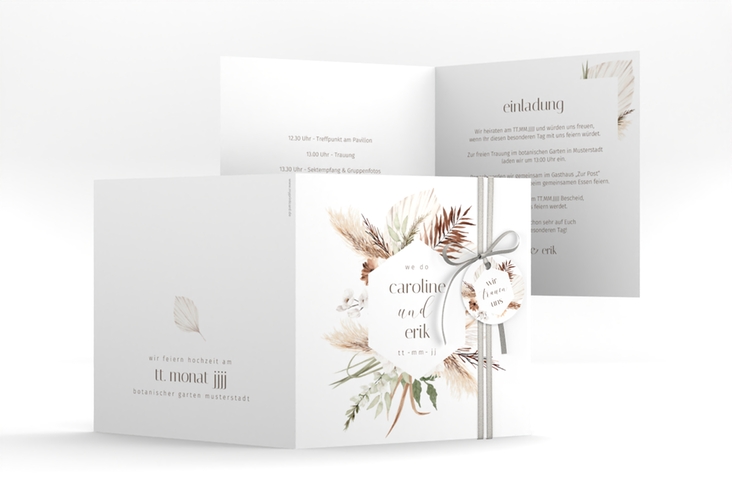 Hochzeitseinladung Bohemian quadr. Klappkarte weiss im Boho-Style mit Pampasgras