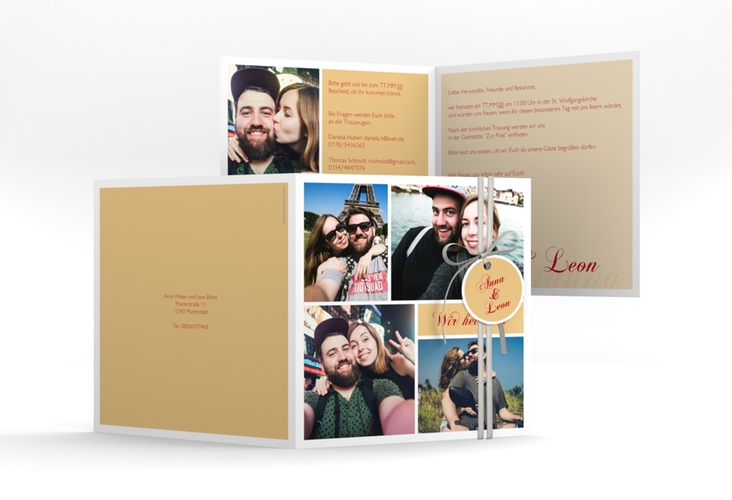 Hochzeitseinladung Collage quadr. Klappkarte apricot