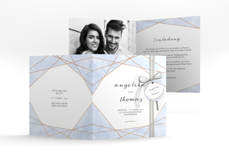 Hochzeitseinladung Asymmetry quadr. Klappkarte blau hochglanz