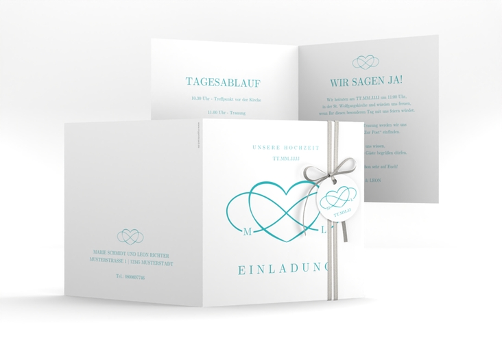 Hochzeitseinladung Infinity quadr. Klappkarte tuerkis hochglanz