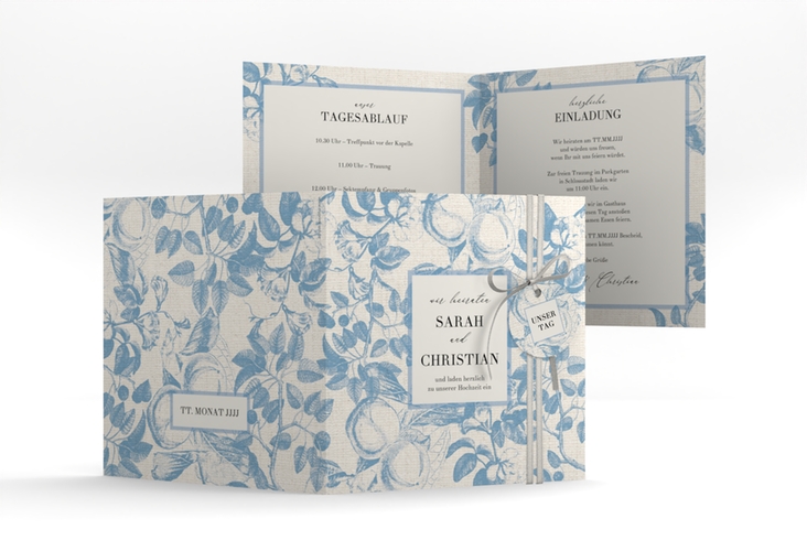 Hochzeitseinladung Toile quadr. Klappkarte blau mit Blättermuster im Toile-de-Jouy-Stil