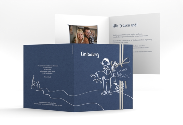 Hochzeitseinladung Pisa quadr. Klappkarte blau