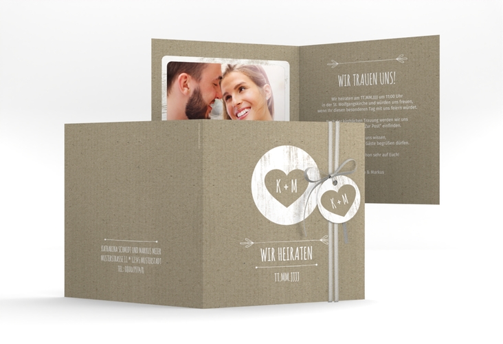 Hochzeitseinladung Shabby quadr. Klappkarte Kraftpapier