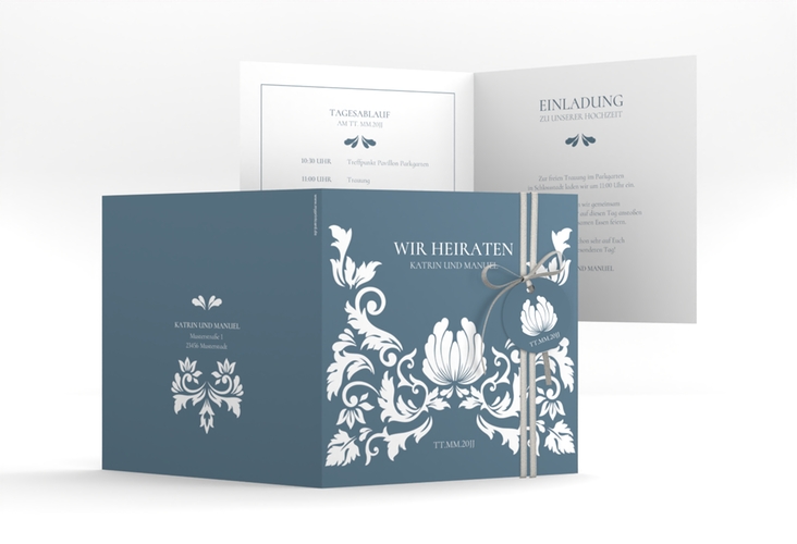 Hochzeitseinladung Royal quadr. Klappkarte mit barockem Blumen-Ornament