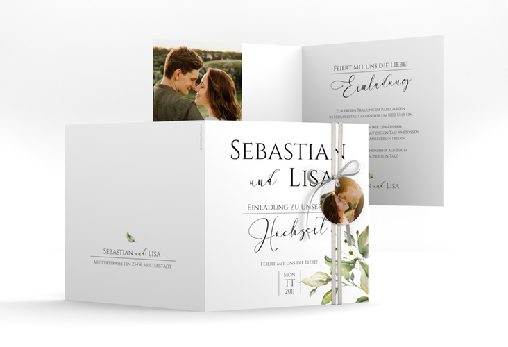Hochzeitseinladung Leaves quadr. Klappkarte weiss hochglanz