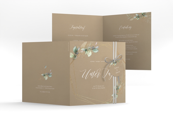 Hochzeitseinladung Greenish quadr. Klappkarte Kraftpapier hochglanz